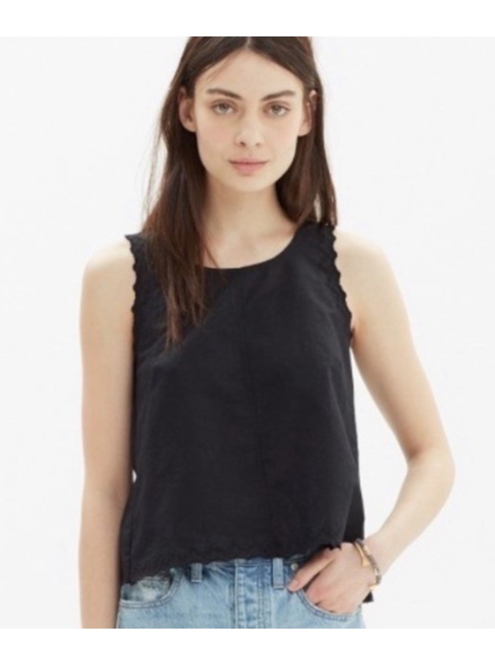 Madewell Black Sleeveless Cotton/Linen Lace Trim Tank Top